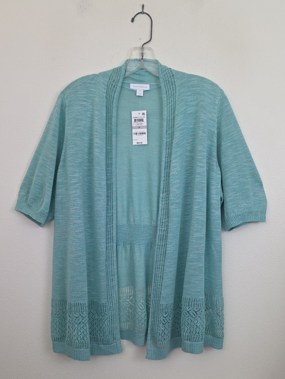 NWT Charter Club Teal Knit Lightweight Open Short Sleeve Cardigan 1X